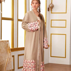Middle East Muslim New Fashion Geometric Stitching Lace Dubai Arab Cardigan Robe Muslim Woman Caftan Daily Casual Home Wear