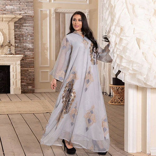 Middle East Plus Size Women's Muslim Evening Dress, Sequin Embroidered Net Yarn Ladies Dress Moroccan  Party Evening Dress