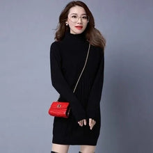 Load image into Gallery viewer, Mock Neck Red Sweater Women Tops Autumn Winter Long-Sleeve Knitted Dress Jersey Mujer Korean Fashion Mid-Length Black Pullover