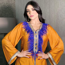 Load image into Gallery viewer, Muslim Clothing For Women Ethnic Ribbon V Neck Embroidered Feathers Long Sleeve Maxi Dress Autumn 2021 Middle East Arabic Dubai