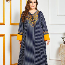Load image into Gallery viewer, Muslim Dress Striped Heavy Industry Embroidery Oversized Women's Temperament Contrast Stitching  Long Skirt Moroccan Clothes