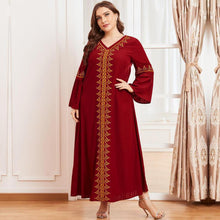 Load image into Gallery viewer, Muslim Oversized Women's Gold Thread Embroidery Long-sleeved Folds Retro Ethnic Red Temperament Long Skirt Djellaba 2021