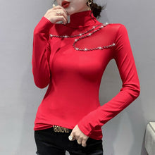 Load image into Gallery viewer, New 2021 Autumn Women Tops Fashion Casual Turtleneck Long Sleeved Mesh T-Shirt Elegant Slim Diamond perspective Women Clothing