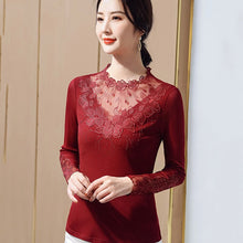 Load image into Gallery viewer, New 2021 Spring Flowers Hot Drilling Lace Shirt Fashion Embroidered Long Sleeve Ladies Tops and Tees Plus Size Women T-Shirt