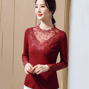 New 2021 Spring Flowers Hot Drilling Lace Shirt Fashion Embroidered Long Sleeve Ladies Tops and Tees Plus Size Women T-Shirt