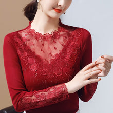 Load image into Gallery viewer, New 2021 Spring Flowers Hot Drilling Lace Shirt Fashion Embroidered Long Sleeve Ladies Tops and Tees Plus Size Women T-Shirt