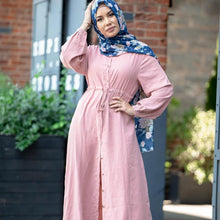 Load image into Gallery viewer, New Fashion Muslim Lapel Solid Color Full Button Slim Dress Long Skirt Pure Color Elastic Manual Waist Waist Ladies Casual Dress
