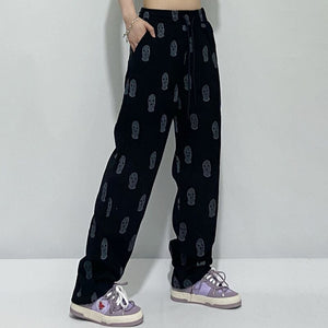 New Fashion Print Corduroy Pants for Women 2022 Elastic Waist Loose Trousers Spring Casual Chic Cool Straight Bottoms