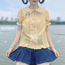 Load image into Gallery viewer, New Japanese Lolita Shirts Cute Girls Short Sleeve Retro Plaid Tops Woman Sweet Kawaii Peter Pan Collar Blouses Fresh Summer