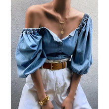 Load image into Gallery viewer, New Women Retro Off Shoulder Denim T-shirts Lantern Sleeve Solid Ladies Elastic Slash Neck Pullover All-Matching Women Tops