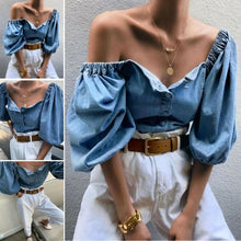 Load image into Gallery viewer, New Women Retro Off Shoulder Denim T-shirts Lantern Sleeve Solid Ladies Elastic Slash Neck Pullover All-Matching Women Tops