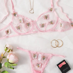 New Women Sexy Lingerie Set Mesh See-through Butterfly Embroidery Underwear Sensual Underwire Bra And Thong Erotic Costumes