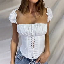Load image into Gallery viewer, Off Shoulder Fashion Lace Up Shirts Blouse Blouse Women White Crop Tops Blouses Clothes Vintage Tie Front Tops