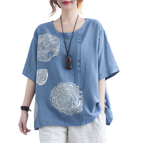 Oversize T-shirt Women Sumemr Vintage Loose Shirt Tops Button Printed Tees Boho Holiday Casual Cotton Linen футболка Femme Tops