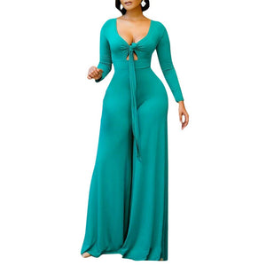 Oversized Jumpsuit Autumn Elegant Wide Leg Pants Long Sleeves Deep V Neck High Waist Solid Parties and Clubnight Rompers Femme