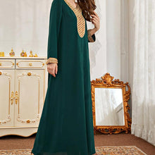 Load image into Gallery viewer, Oversized Women&#39;s Round Neck Long Sleeve Fashion Green Solid Color Sequin Stitching Muslim Ethnic Ramadan Robe Islamic Dresses