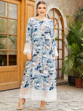 Load image into Gallery viewer, Oversized Women's Round Neck Long Sleeve Fashion Ink Printing Lace Stitching Fashion Muslim Long Skirt Clothing Turkish 2021