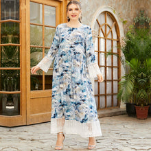 Load image into Gallery viewer, Oversized Women's Round Neck Long Sleeve Fashion Ink Printing Lace Stitching Fashion Muslim Long Skirt Clothing Turkish 2021