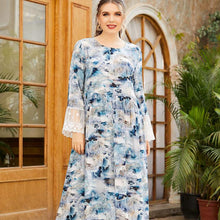 Load image into Gallery viewer, Oversized Women's Round Neck Long Sleeve Fashion Ink Printing Lace Stitching Fashion Muslim Long Skirt Clothing Turkish 2021
