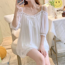 Load image into Gallery viewer, Pajamas For Women Set 2 Pieces Summer Short-Sleeved Sleepwear  Suspenders Nightdress Korean Kawaii Lace Mesh Thin Sexy Home Wear