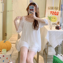Load image into Gallery viewer, Pajamas For Women Set 2 Pieces Summer Short-Sleeved Sleepwear  Suspenders Nightdress Korean Kawaii Lace Mesh Thin Sexy Home Wear
