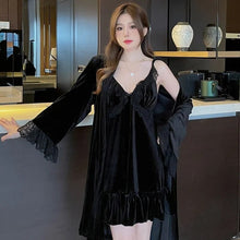 Load image into Gallery viewer, Pajamas For Women Sexy Sleepwear Black Warm Robe Lingerie Winter Sets Golden Velvet Thick 2pcs Nightgowns With Bra Nightdress
