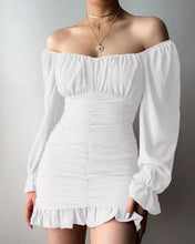 Load image into Gallery viewer, Party Dresses for Woman Ruffles Mini Bodycon Dress Off Shoulder Ruched Bell Sleeve Sexy Women Robe Solid Woman Clothes Vestidos