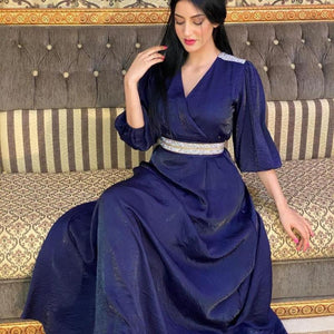 Plus Size Women's Diamond Belt Puff Sleeve Dress Evening Dress Turkish Long Muslim Robe Abaya Kimono Jalabiya Dress Dubai