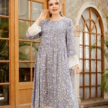 Load image into Gallery viewer, Plus Size Women's Round Neck Long-sleeved Fashion Printed Lace Front Swing Dress Muslim Woman Kimono Moroccan Woman Clothes