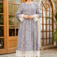 Load image into Gallery viewer, Plus Size Women's Round Neck Long-sleeved Fashion Printed Lace Front Swing Dress Muslim Woman Kimono Moroccan Woman Clothes