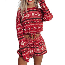 Load image into Gallery viewer, Plus size Christmas print Cotton Clothes  O-Neck Long sleeve shorts Two piece outfits for women Tracksuit