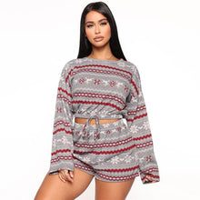 Load image into Gallery viewer, Plus size Christmas print Cotton Clothes  O-Neck Long sleeve shorts Two piece outfits for women Tracksuit