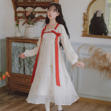 Load image into Gallery viewer, Retro Loose Chiffon Print Dresses Hanfu Women Bowknot Bandage Square Neck Puff Sleeve Chic Vestidos Chinese Style Hanfu Dress