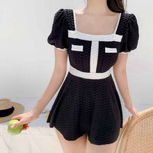 Load image into Gallery viewer, Ribbed Swimwear Women White Korean Style Swimdress Short Sleeve Skirt One Piece Bathing Swimming Suit Push Up Beachwear Black