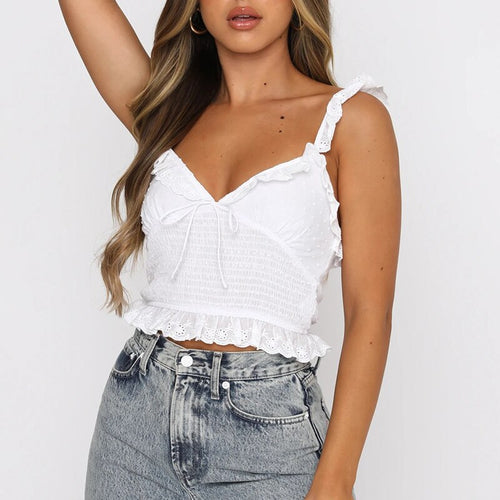 Ruffle Lace Up V-neck Solid Women's Camis Tops Single-breasted Sleeveless Backless Ladies Tanks Top Sexy Casual Summer Crop Tees