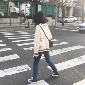 Beige Star Cute College Single Breasted Sweater Women 2022 Autumn Korean Woman Sweaters Contrast Color V-neck Knitted Cardigan