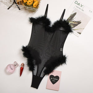Sexy Black Patchwork Feathers Bodysuit Faux Fur Mesh Out Women One Piece Solid Outfits Sleeveless Transparent Rompers Jumpsuits
