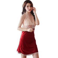 Load image into Gallery viewer, Sexy Hot Erotic Sleepwear Lingerie Patchwork Lace Womens Clothing Silk Night Gown Dress Halter Satin Nighty Homewear Sleepshirts