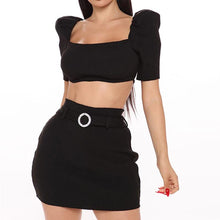 Load image into Gallery viewer, Sexy Knit Ribbed Sets for Women Tops Skirt  Short Puff Sleeves Top+Skirt Suit With Belt Short Top Skirts sets Womens 2021
