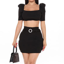 Load image into Gallery viewer, Sexy Knit Ribbed Sets for Women Tops Skirt  Short Puff Sleeves Top+Skirt Suit With Belt Short Top Skirts sets Womens 2021