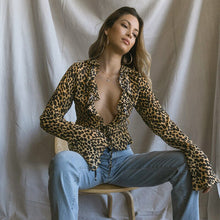 Load image into Gallery viewer, Sexy Leopard Patchwork Irregular Women Tops Vintage Ruffled Flare Sleeve T Shirt Streetwear V Neck Slim Tee 2022 Spring New