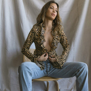 Sexy Leopard Patchwork Irregular Women Tops Vintage Ruffled Flare Sleeve T Shirt Streetwear V Neck Slim Tee 2022 Spring New