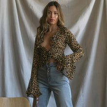 Load image into Gallery viewer, Sexy Leopard Patchwork Irregular Women Tops Vintage Ruffled Flare Sleeve T Shirt Streetwear V Neck Slim Tee 2022 Spring New