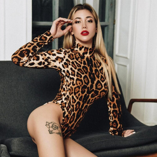 Sexy Leopard Printed Bodycon Bodysuits 2021 Spring Women Long Sleeve Mock Neck Skinny Body Suit Shorts Jumpsuits