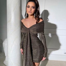 Load image into Gallery viewer, Sexy Low Cut Folds Slash Neck Mini Dress Solid Long Sleeve Off Shoulder Elegant Skinny Dresses 2022 Spring New Streetwear