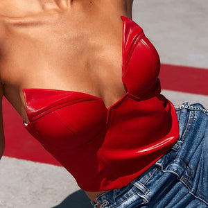 Sexy Nightclub Style Patchwork Deep V Neck Women Tops Pu Leather Tight Fitting Solid Color Open Back Sleeveless Casual Tube Top