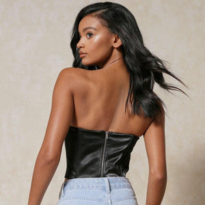 Sexy Nightclub Style Patchwork Deep V Neck Women Tops Pu Leather Tight Fitting Solid Color Open Back Sleeveless Casual Tube Top