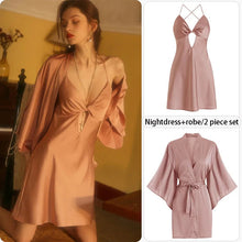 Load image into Gallery viewer, Sexy Pajamas Women'S Silk Dress Lingerie Nightwear Suspenders Nightdress Robe 2 Piece Set Sexy Women Night Dress Home Wear