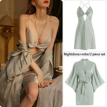 Load image into Gallery viewer, Sexy Pajamas Women'S Silk Dress Lingerie Nightwear Suspenders Nightdress Robe 2 Piece Set Sexy Women Night Dress Home Wear