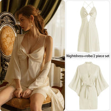 Load image into Gallery viewer, Sexy Pajamas Women'S Silk Dress Lingerie Nightwear Suspenders Nightdress Robe 2 Piece Set Sexy Women Night Dress Home Wear